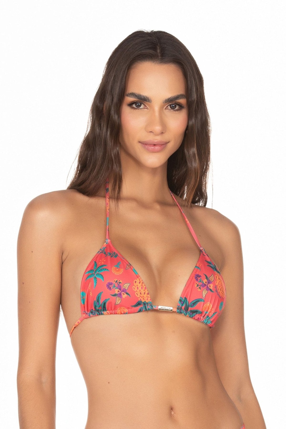Biquíni Top Cortininha Roletê E Calcinha Fita Fio Discreto Com Regulagem – Fundo Vermelho e Abacaxi