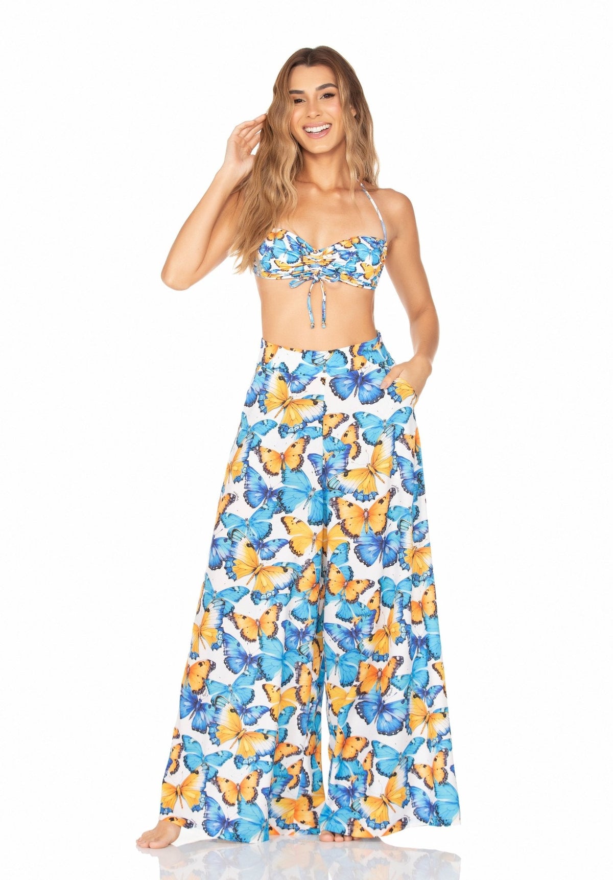 Calça Pantalona Com Bolso – Borboleta Azul e Amarelo