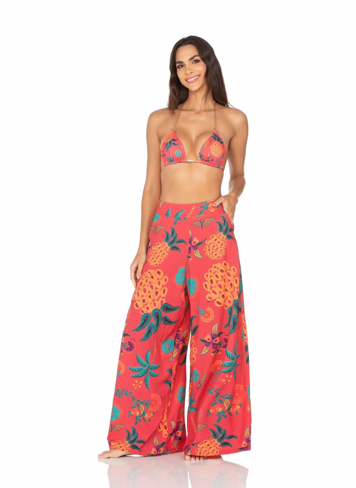 Calça Pantalona Com Bolso – Fundo Vermelho e Abacaxi