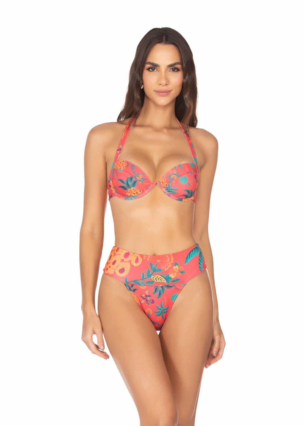 Biquíni Top Meia Taça Alça Larga E Calcinha Faixa – Fundo Vermelho e Abacaxi