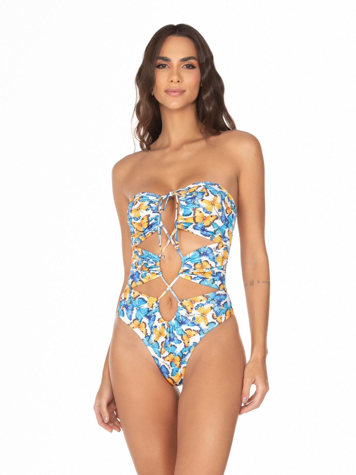 Maiô Com Amarração Borboleta Azul e Amarelo