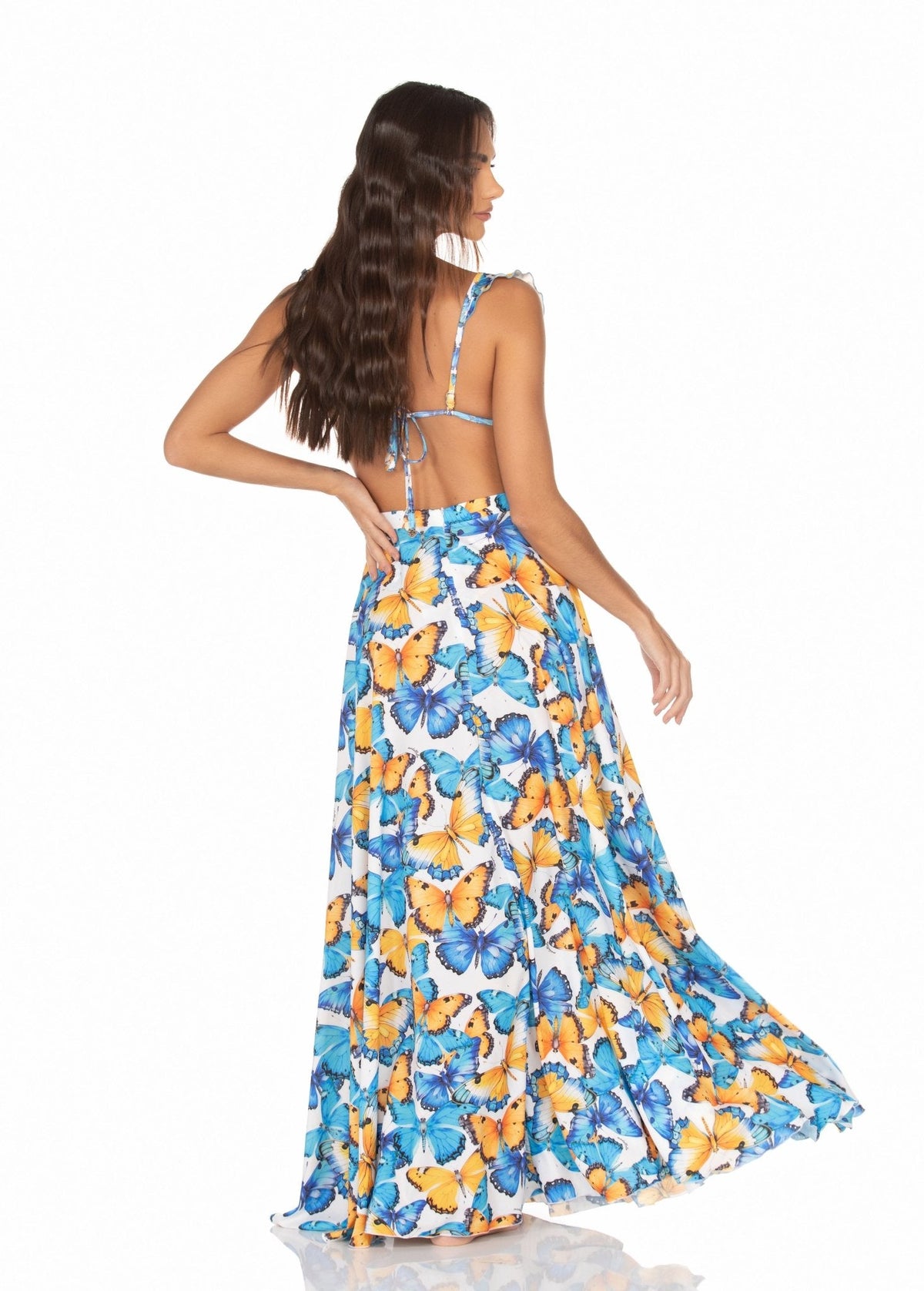 Saia Longa Com Zíper Borboleta Azul e Amarelo
