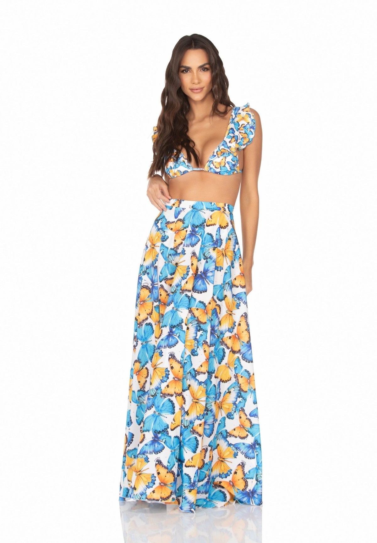 Saia Longa Com Zíper Borboleta Azul e Amarelo