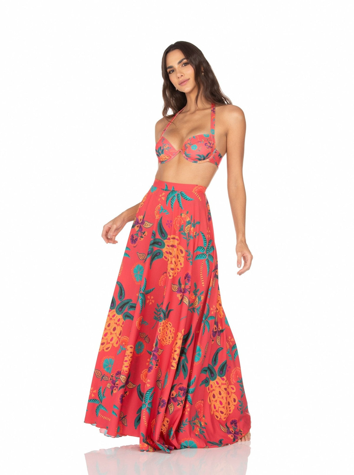 Saia Longa Com Zíper Fundo Vermelho e Abacaxi