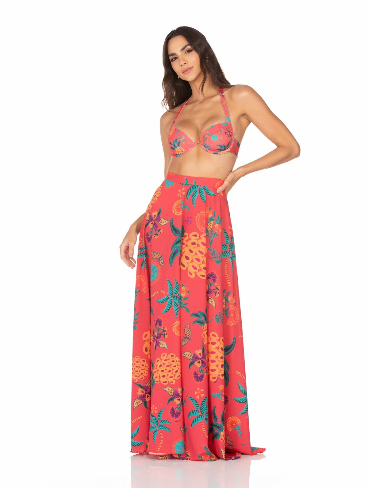 Saia Longa Com Zíper Fundo Vermelho e Abacaxi