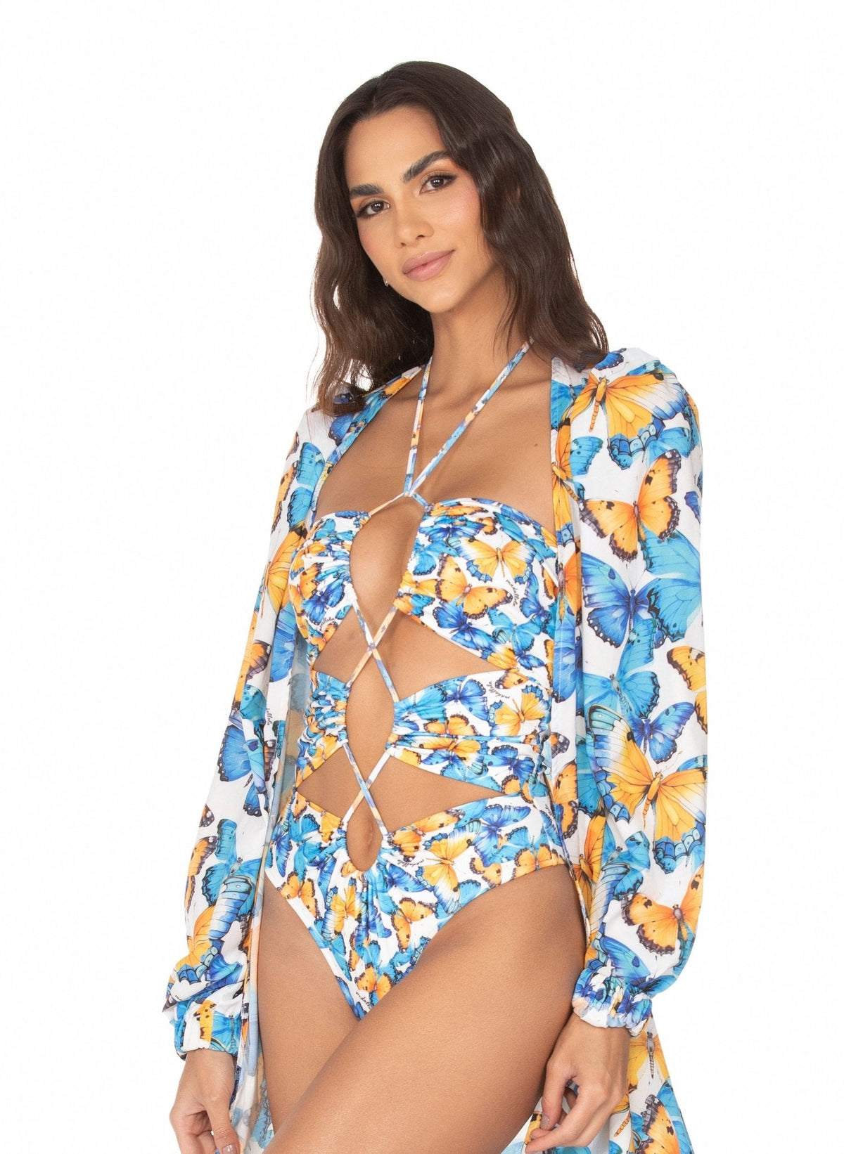 Saída Longa Com Cinto Removível Borboleta Azul e Amarelo