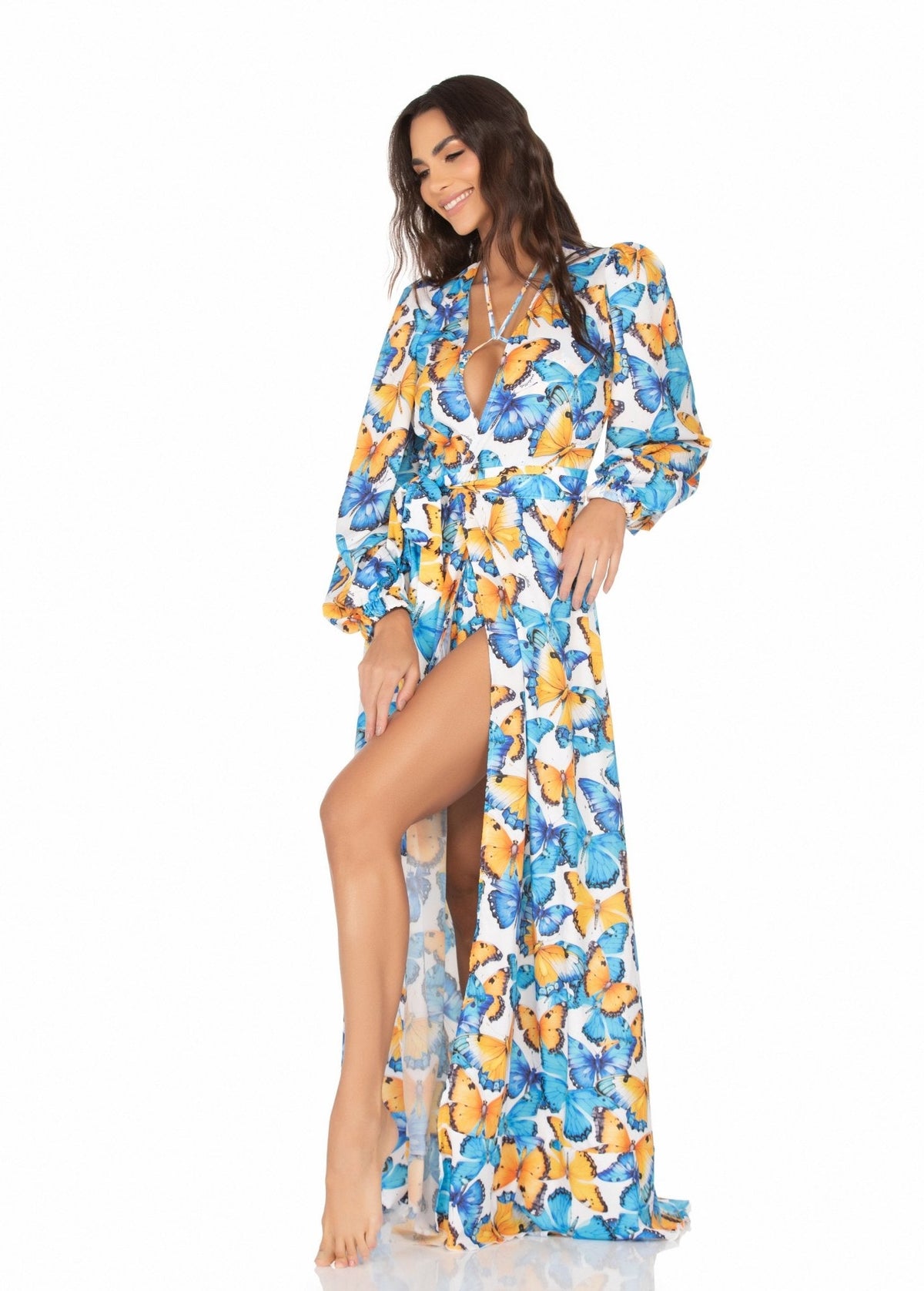 Saída Longa Com Cinto Removível Borboleta Azul e Amarelo