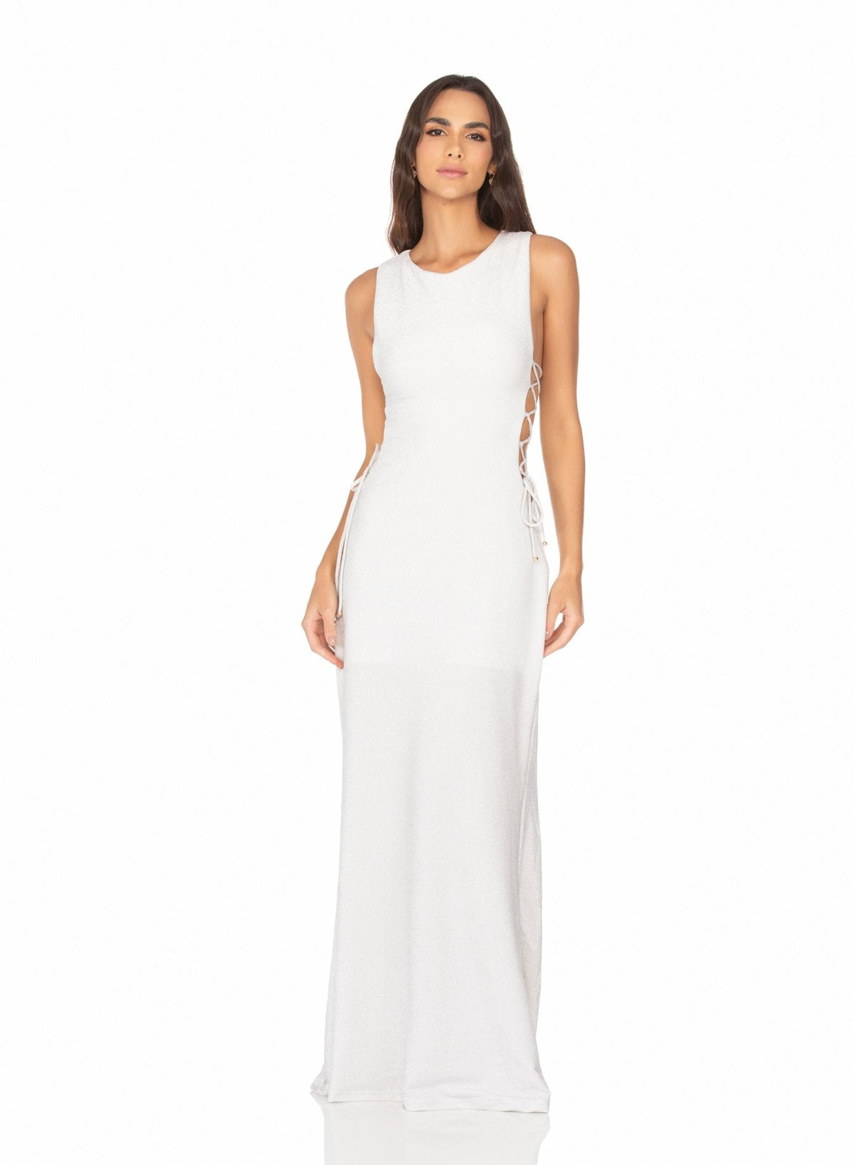 Vestido Longo Com Amarração Lateral – Lurex Prata