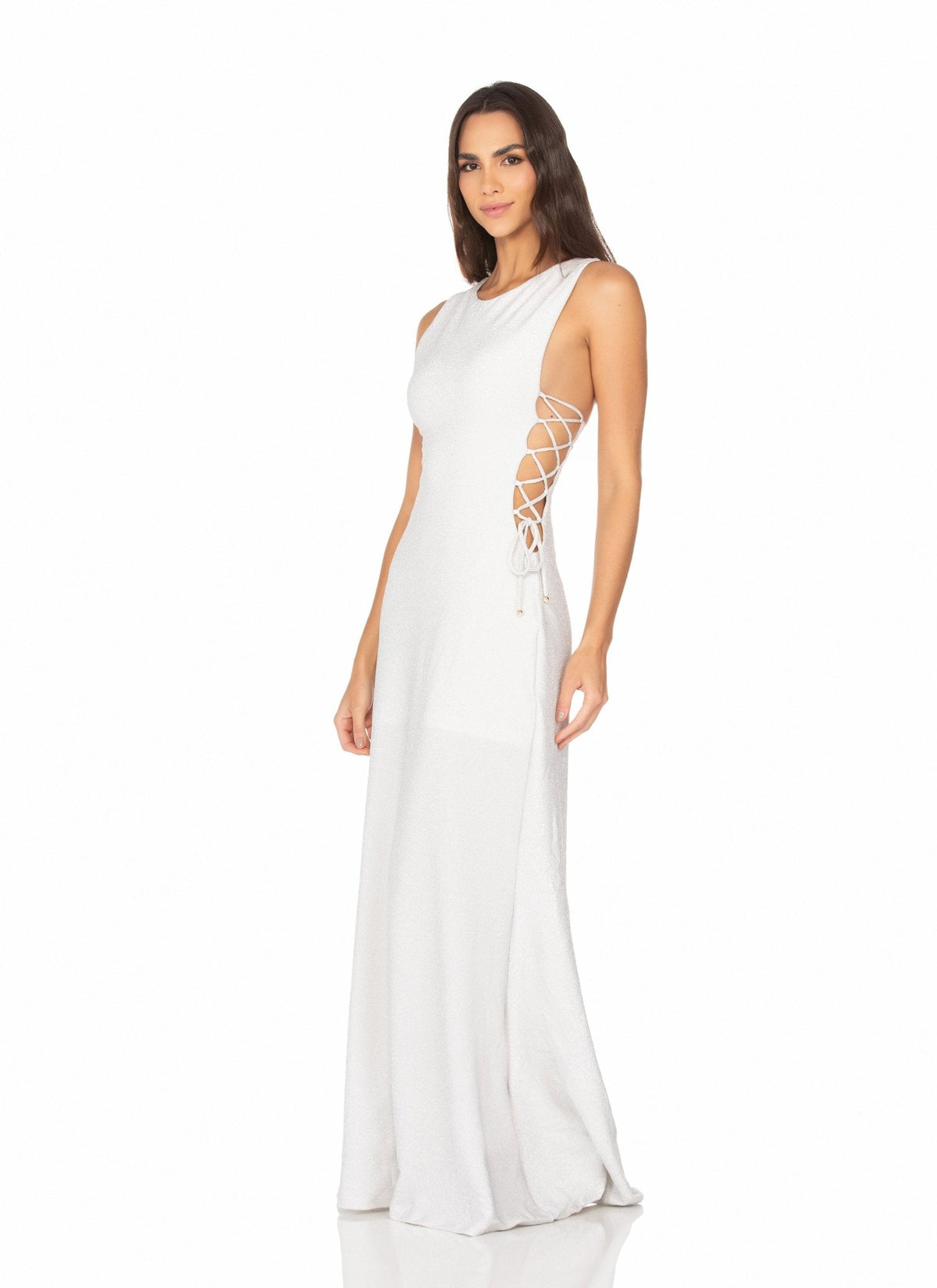 Vestido Longo Com Amarração Lateral – Lurex Prata