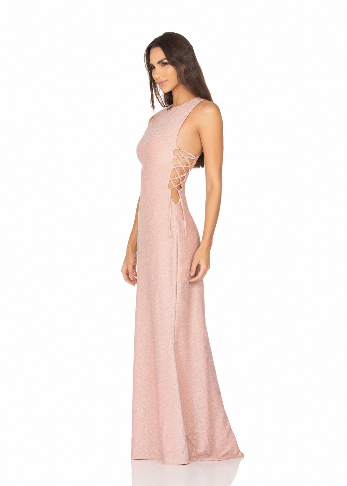 Vestido Longo Com Amarração Lateral – Lurex Rosê