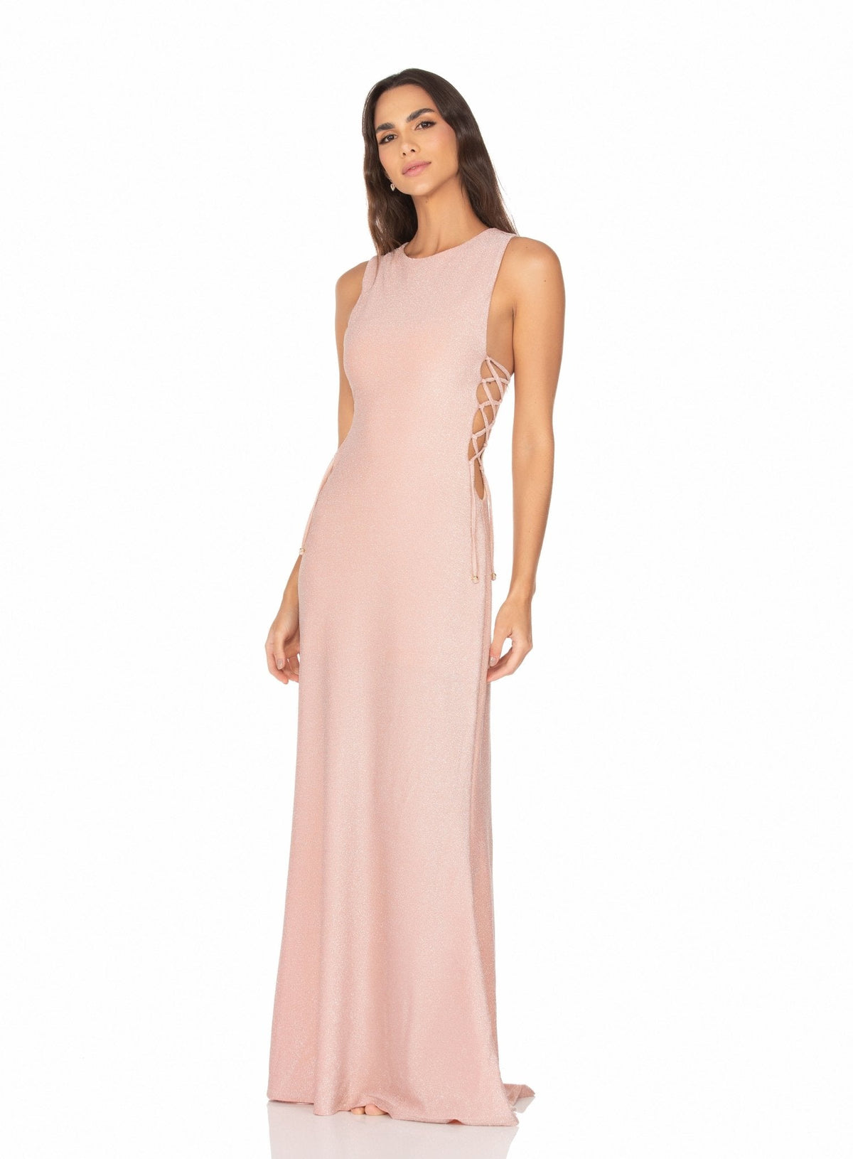 Vestido Longo Com Amarração Lateral – Lurex Rosê