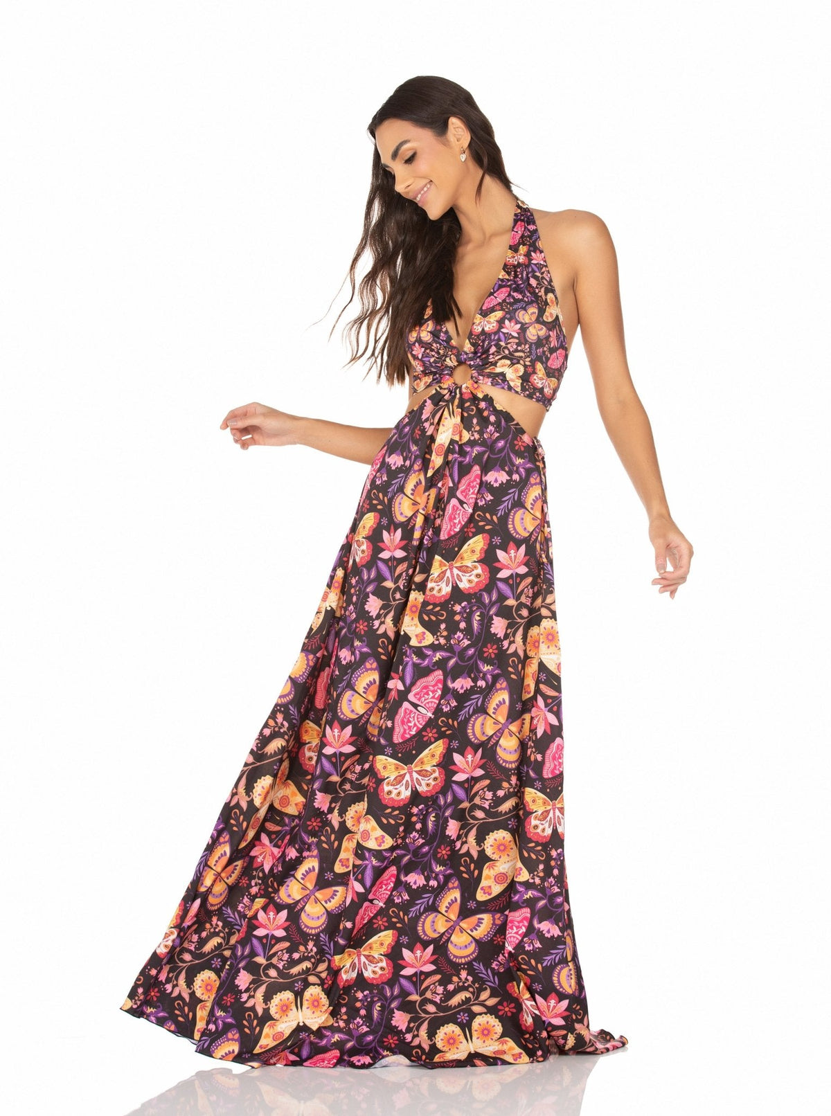 Vestido Longo Com Argola Borboletas Coloridas Fundo Preto