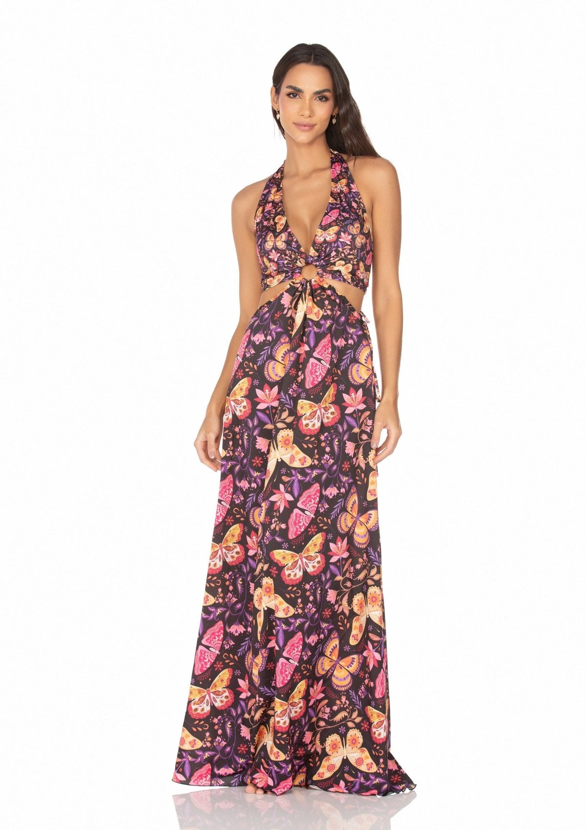 Vestido Longo Com Argola Borboletas Coloridas Fundo Preto