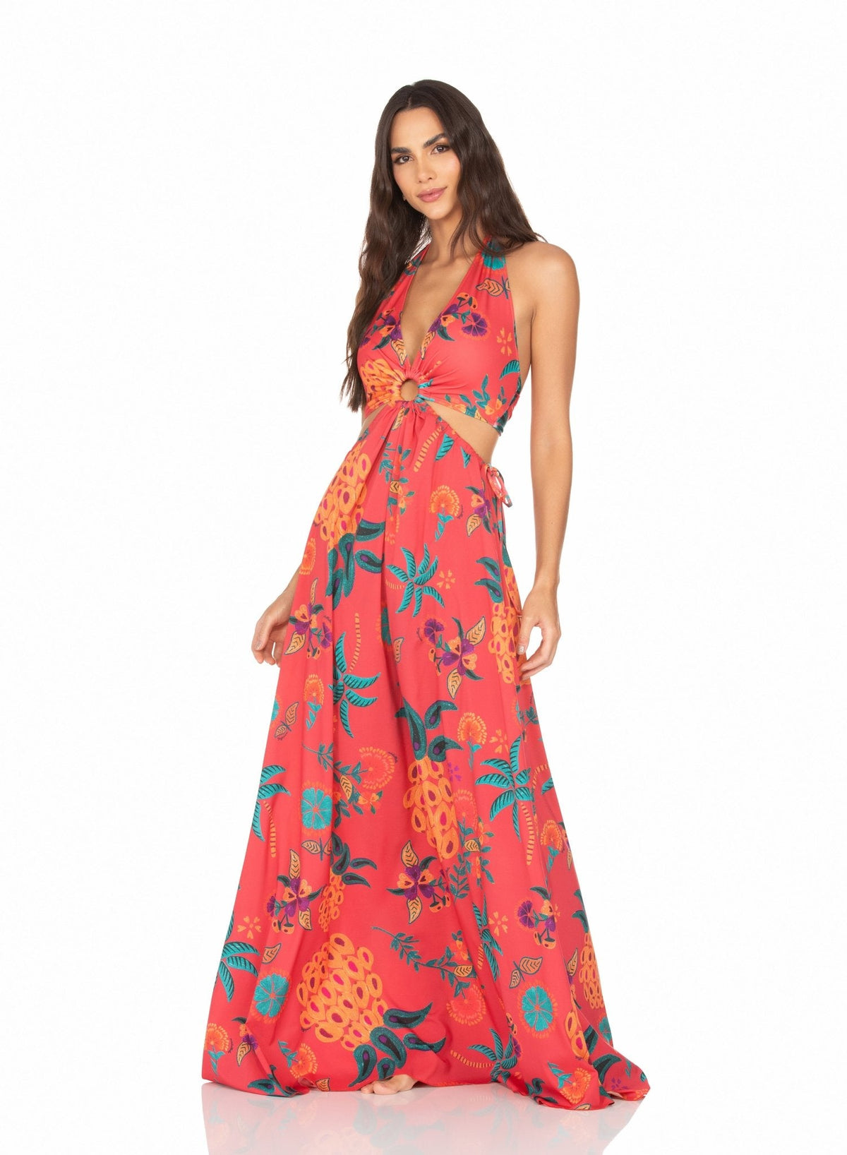 Vestido Longo Com Argola Fundo Vermelho e Abacaxi