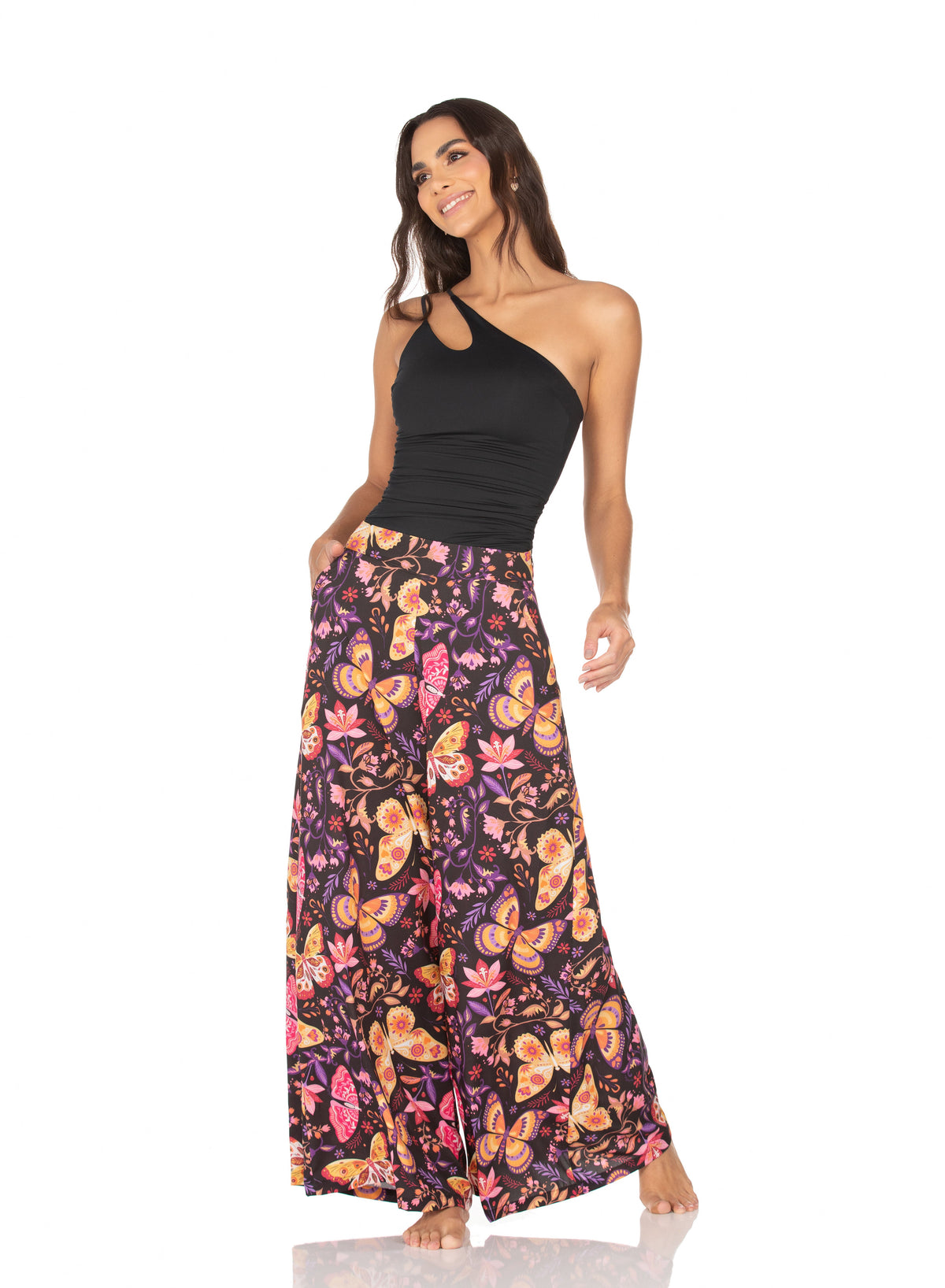 Calça Pantalona Com Bolso – Borboletas Coloridas Fundo Preto