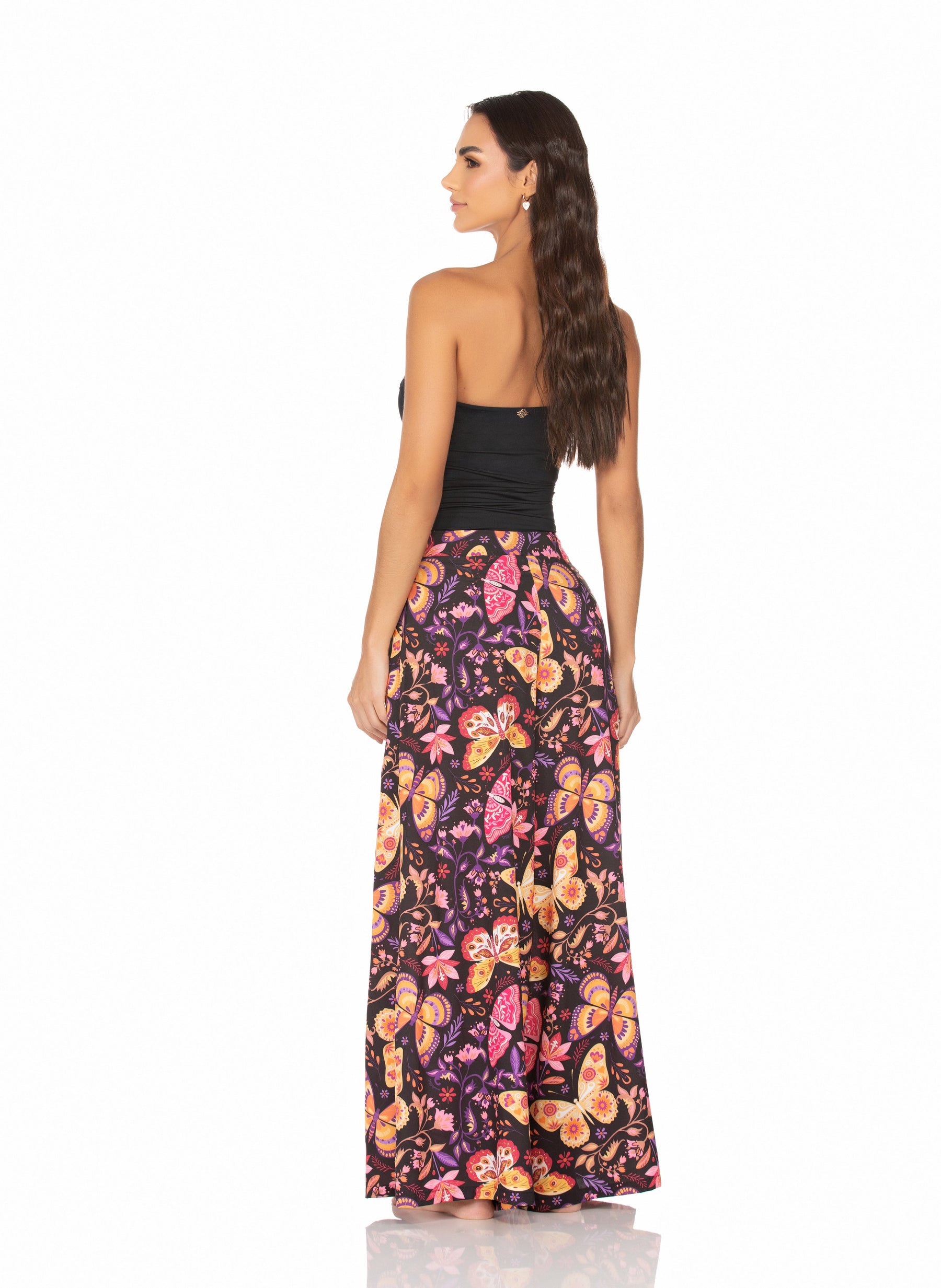 Calça Pantalona Com Bolso – Borboletas Coloridas Fundo Preto