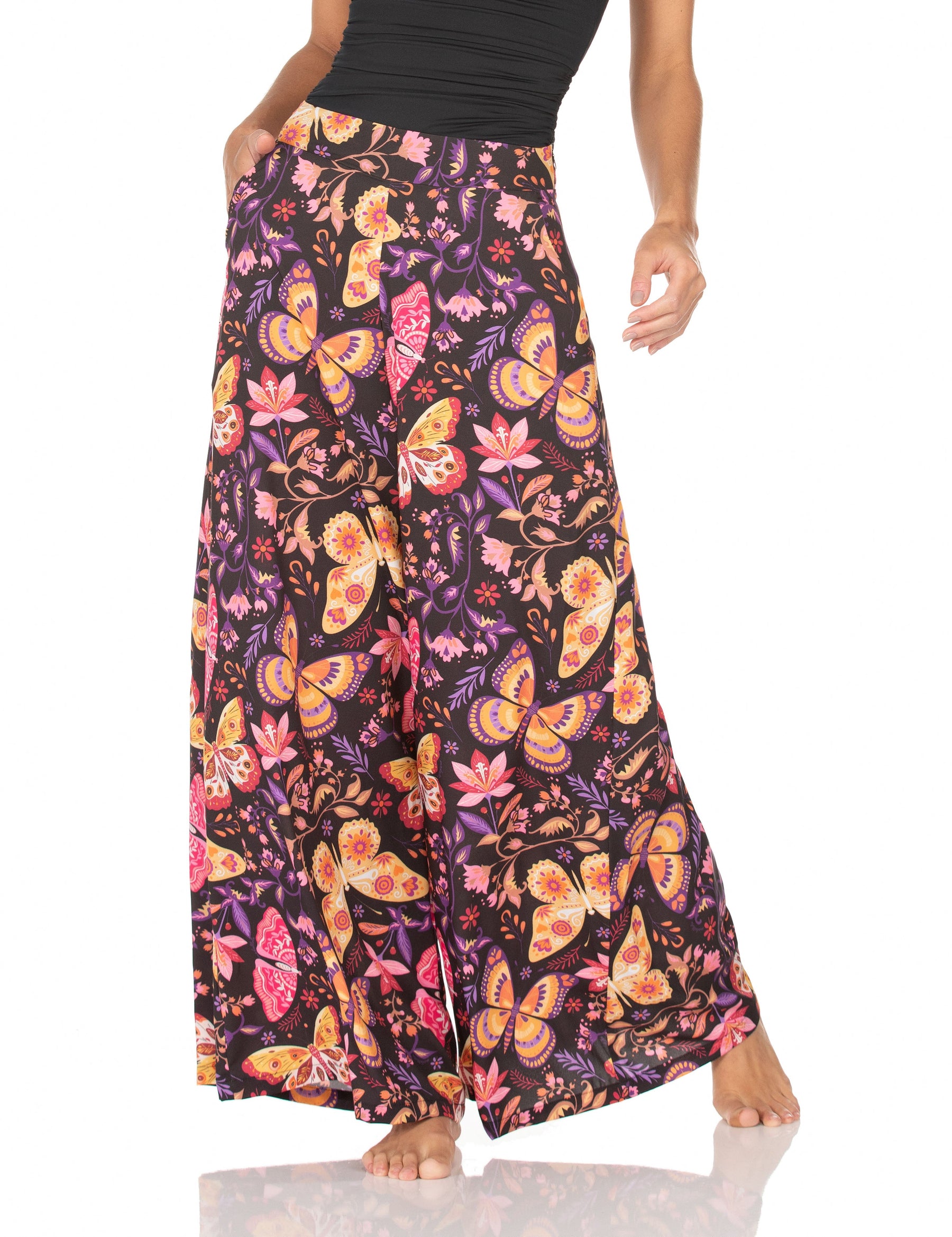 Calça Pantalona Com Bolso – Borboletas Coloridas Fundo Preto