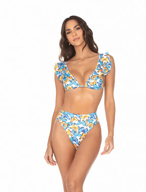 Biquíni Top Cortininha com Babados E Calcinha Hot Pant – Borboleta Azul e Amarelo