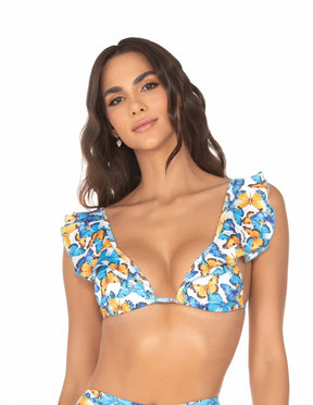 Biquíni Top Cortininha com Babados E Calcinha Hot Pant – Borboleta Azul e Amarelo