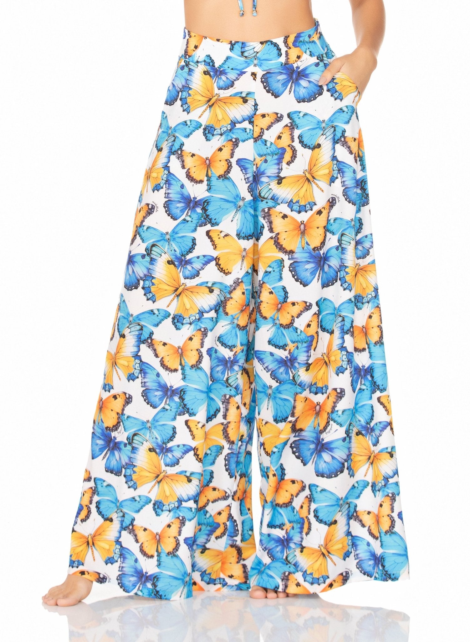 Calça Pantalona Com Bolso – Borboleta Azul e Amarelo