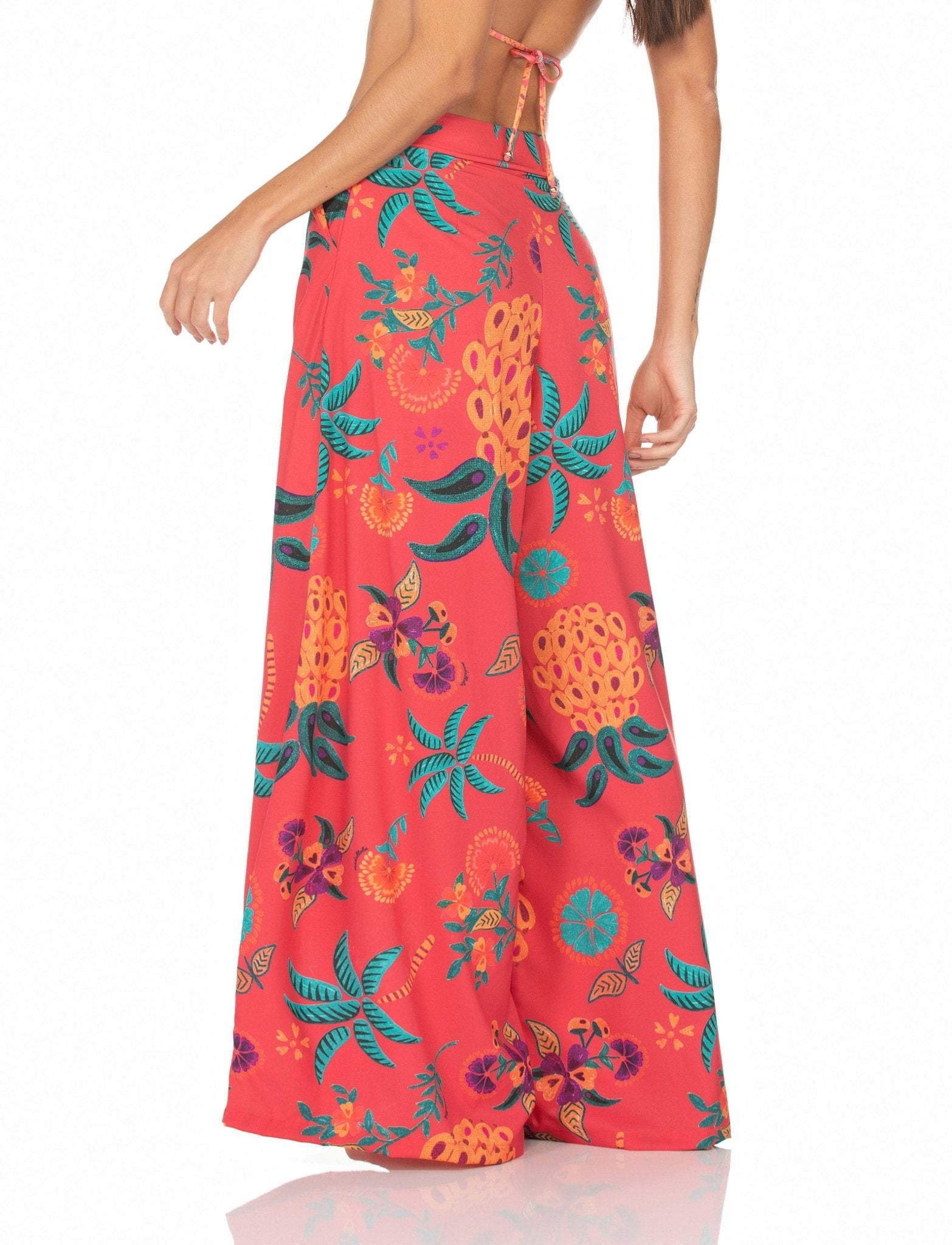Calça Pantalona Com Bolso – Fundo Vermelho e Abacaxi