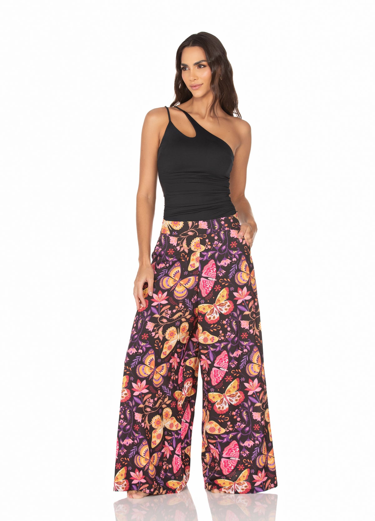 Calça Pantalona Com Bolso – Borboletas Coloridas Fundo Preto
