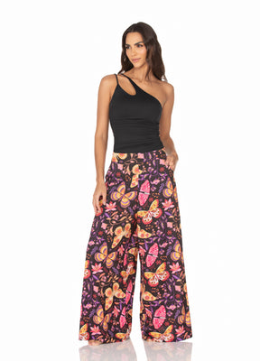 Calça Pantalona Com Bolso – Borboletas Coloridas Fundo Preto