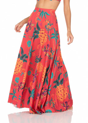 Saia Longa Com Zíper Fundo Vermelho e Abacaxi