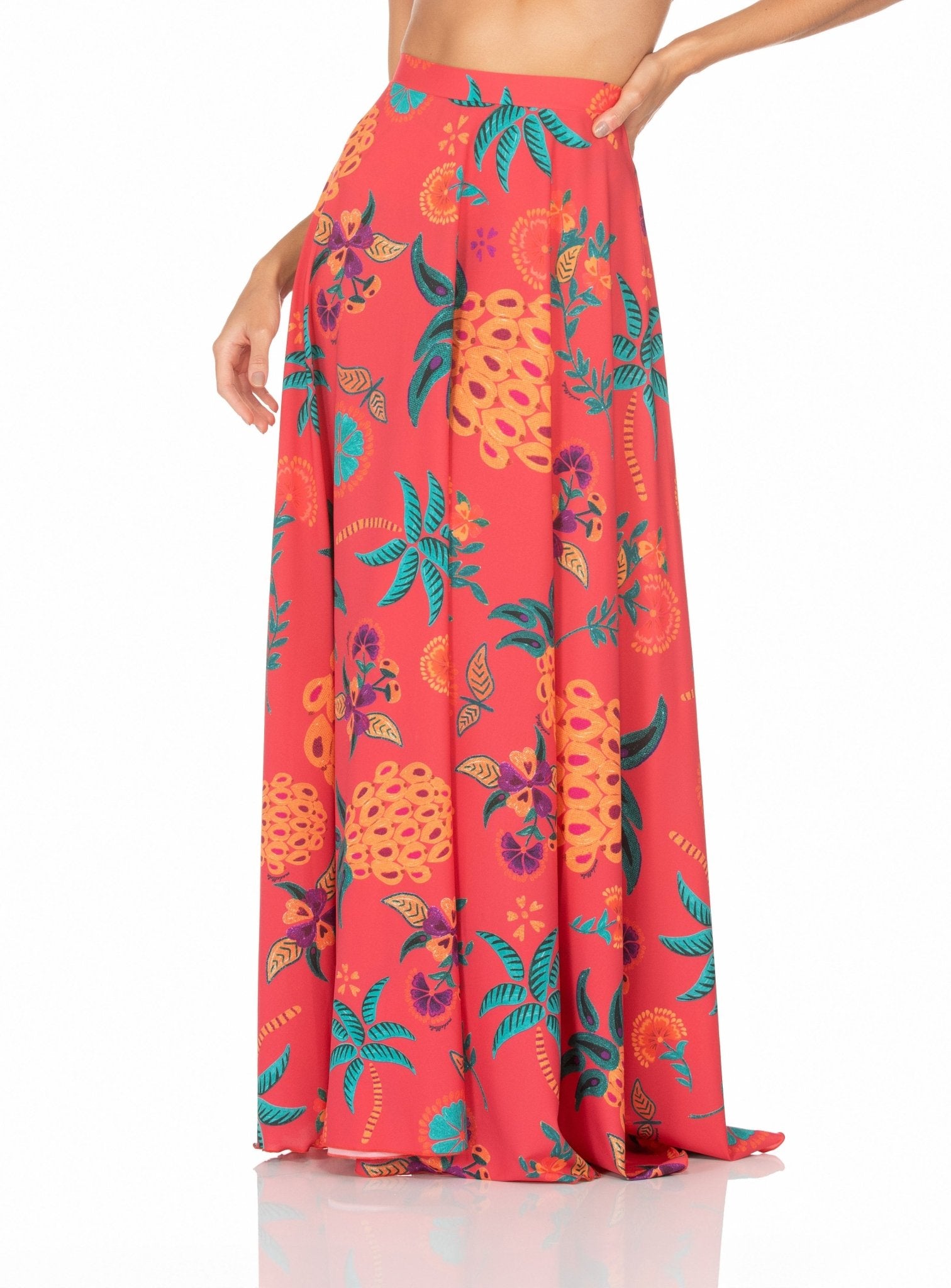 Saia Longa Com Zíper Fundo Vermelho e Abacaxi