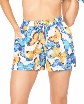 Shorts Com Cós de Elástico Borboleta Azul e Amarelo