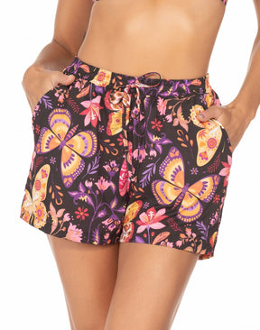 Shorts Com Cós de Elástico Borboletas Coloridas Fundo Preto