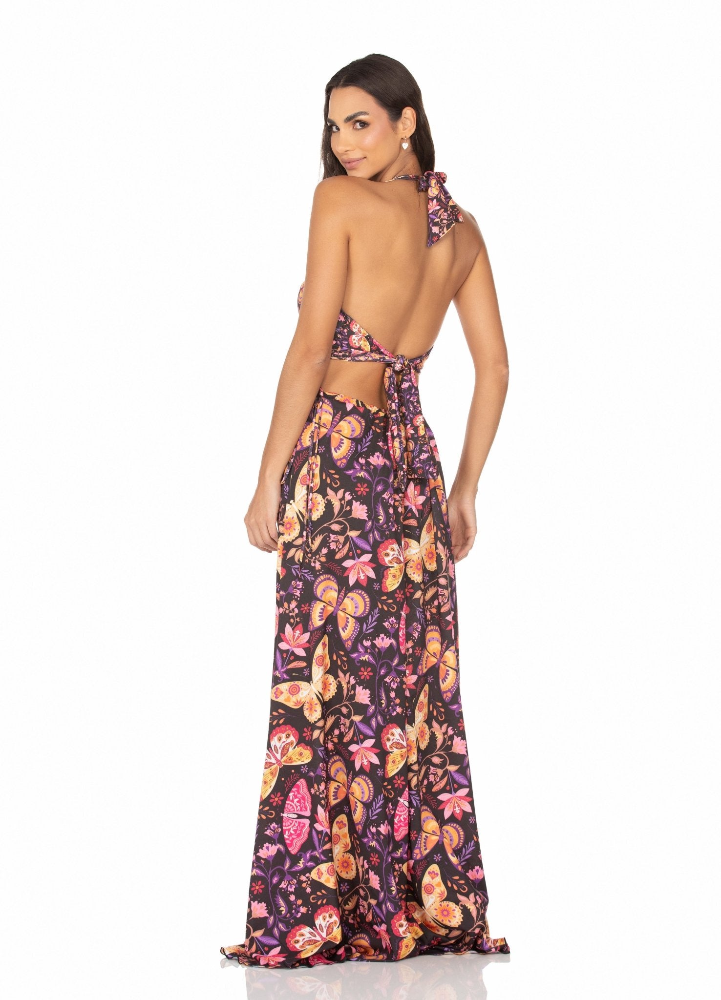 Vestido Longo Com Argola Borboletas Coloridas Fundo Preto