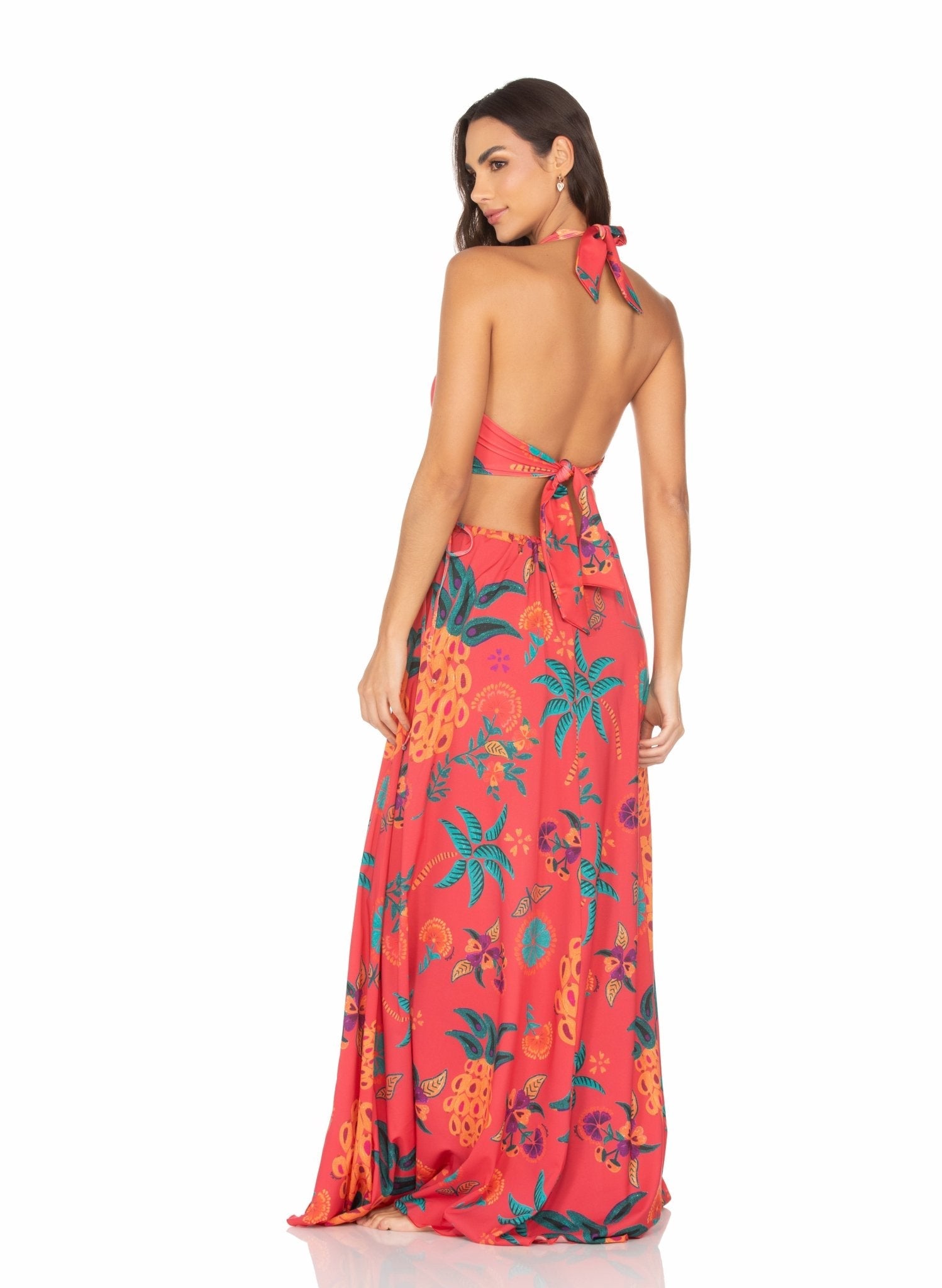 Vestido Longo Com Argola Fundo Vermelho e Abacaxi