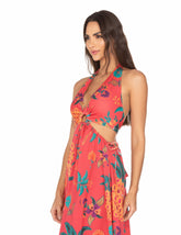 Vestido Longo Com Argola Fundo Vermelho e Abacaxi